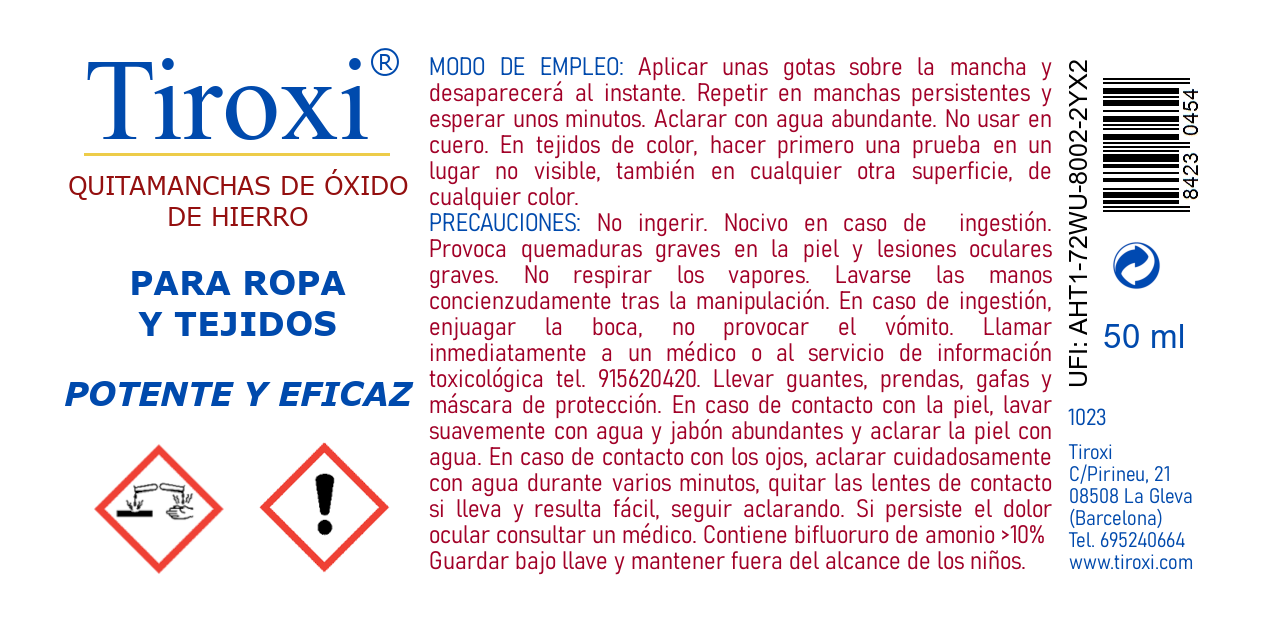 Tiroxi 50 mL Llevataques d'Òxid de Ferro per a Roba i Teixits, instantani